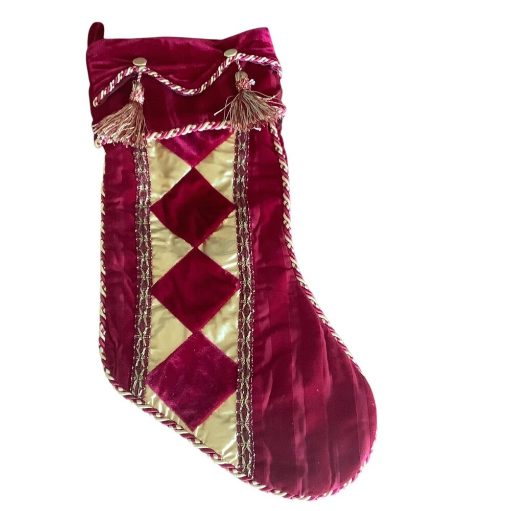 Vintage Victorian Velvet & Satin‎ Christmas Stocking With Tassels & Braided Trim